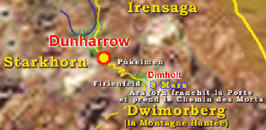 Dpart pour Dimholt (la Porte des Morts), sous le Dwimorberg (la Montagne Hante)