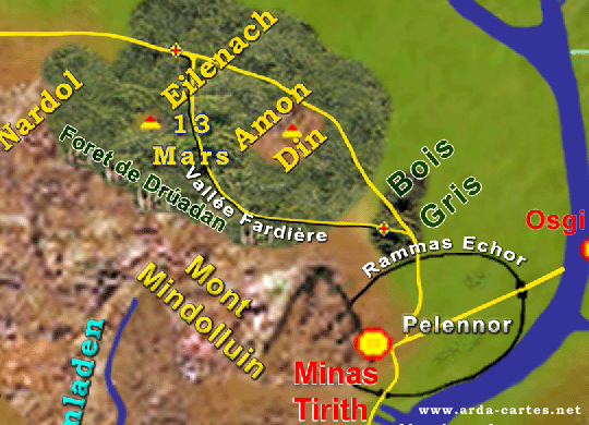 Théoden et son armée traversent la Forêt de Druadan et campent aux portes du Pelennor