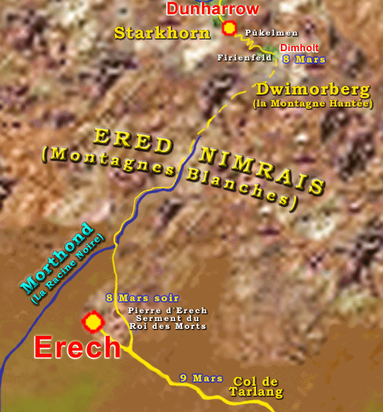 Descente dans la valle du Morthond (la Racine Noire) et serment du Roi des Morts  la Pierre d'Erech