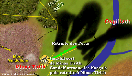 Lors de la retraite de Faramir, Imrahil sort de Minas Tirith et Gandalf attaque les Nazguls. Tous reviennent ensuite vers la cité de Minas Tirith pour se mettre à l'abri.