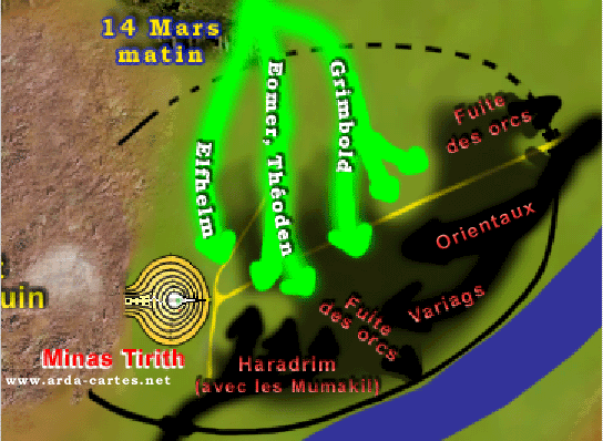 14 mars matin. Alors que tout espoir semble perdu, les cors du Rohan retentissent à l'aube. Théoden et son armée débouchent du Bois Gris et enfoncent les lignes de Sauron.